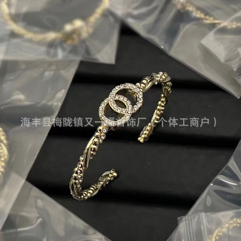 Wholesale New Double C Letter Diamond Piercing Leather Small Chanel Style Bracelet Retro Fashion All-match Bracelet